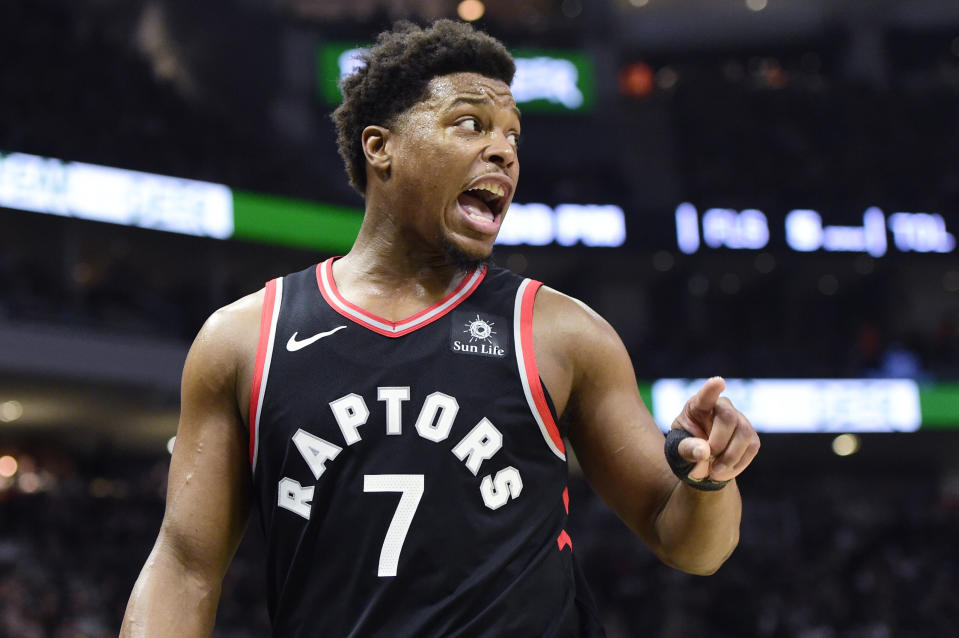 Toronto Raptors guard Kyle Lowry shares his feelings with the referees late in the first half of Game 2 against the Milwaukee Bucks during the NBA basketball playoffs Eastern Conference finals, Friday, May 17, 2019, in Milwaukee. (Frank Gunn/The Canadian Press via AP)
