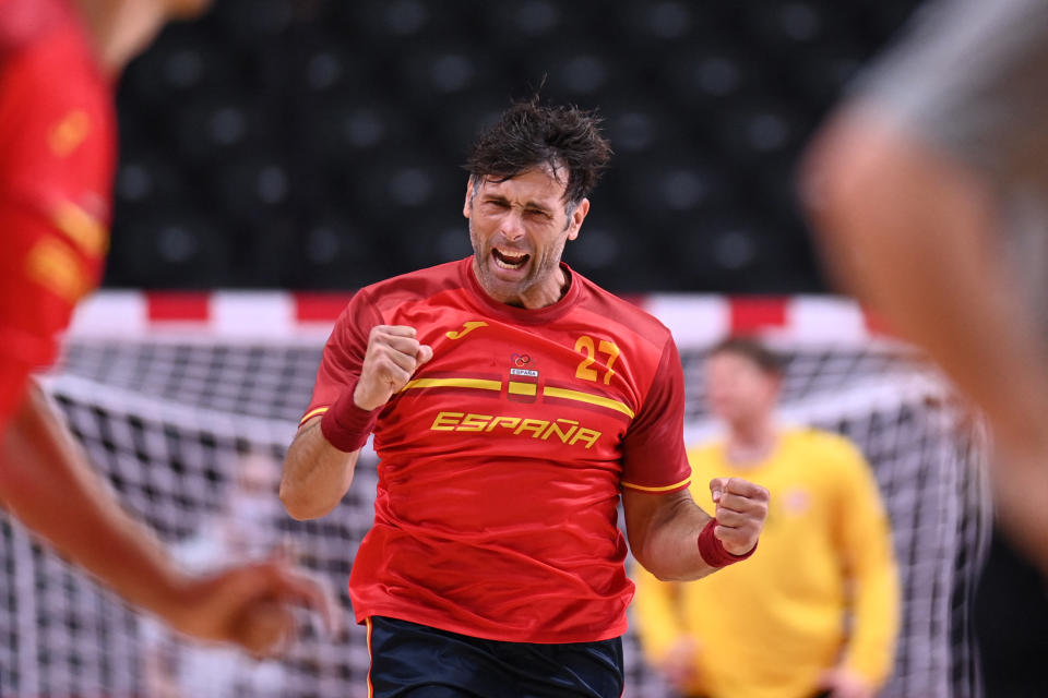 Spain's left back Antonio Garcia celebrates after scoring during the men's preliminary round group A handball match between Spain and Norway of the Tokyo 2020 Olympic Games at the Yoyogi National Stadium in Tokyo on July 26, 2021. (Photo by Daniel LEAL-OLIVAS / AFP) (Photo by DANIEL LEAL-OLIVAS/AFP via Getty Images)