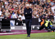 West Ham United manager David Moyes during the English Premier League soccer match between West Ham United and Fulham, at the London Stadium, London, Sunday April 14, 2024. (John Walton/PA via AP)