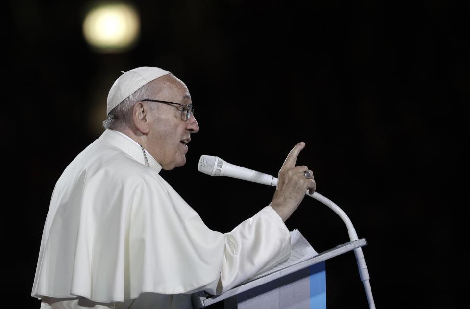 Pope Francis speaks during the Festival of Families at the Croke Park Stadium in Dublin, Ireland, Saturday, Aug. 25, 2018. Pope Francis is on a two-day visit to Ireland. (AP Photo/Gregorio Borgia)