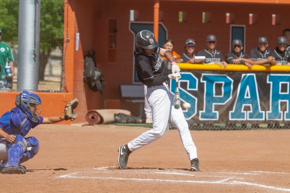 Pebble Hills High School's Dylan Torres hits the ball against AMericas High School on April 15, 2023