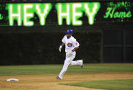 CHICAGO, IL - JUNE 16: Luis Valbuena #24 of the Chicago Cubs runs the bases after hitting a three-run homer in the seventh inning against the Boston Red Sox on June 16, 2012 at Wrigley Field in Chicago, Illinois. (Photo by David Banks/Getty Images)