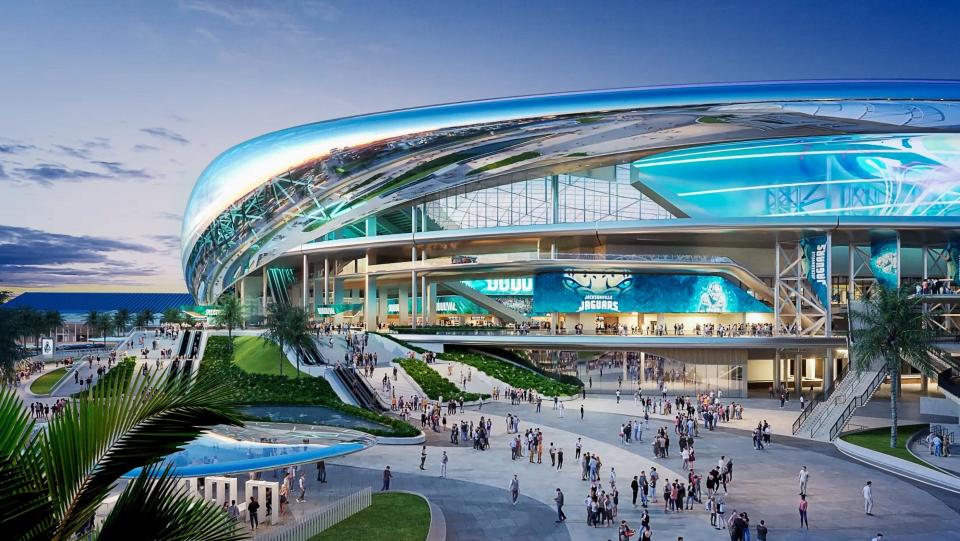 Shown is one of several artist renderings of the proposed renovations to EverBank Stadium. Fans will reportedly enter the "stadium of the future" through a subtropical park, leading them to the main concourse some 30 feet above the ground.