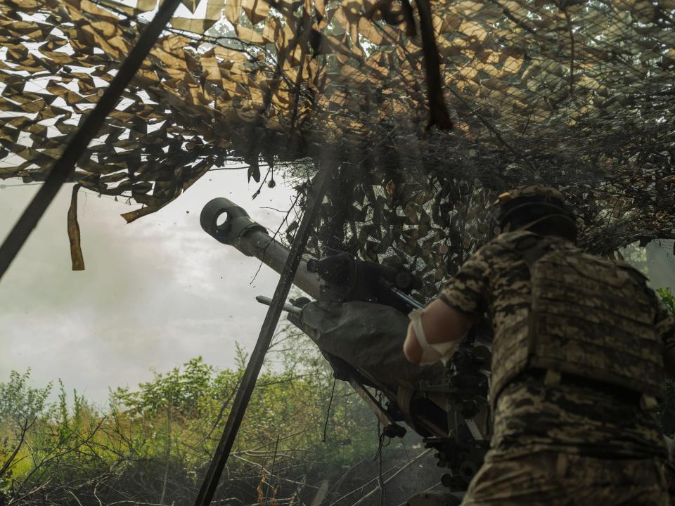 An artillery unit of the Ukrainian Air Assault Forces firing an L119 British made howitzer at the Russian infantry on the Eastern front, Ukraine, on June 24, 2023.