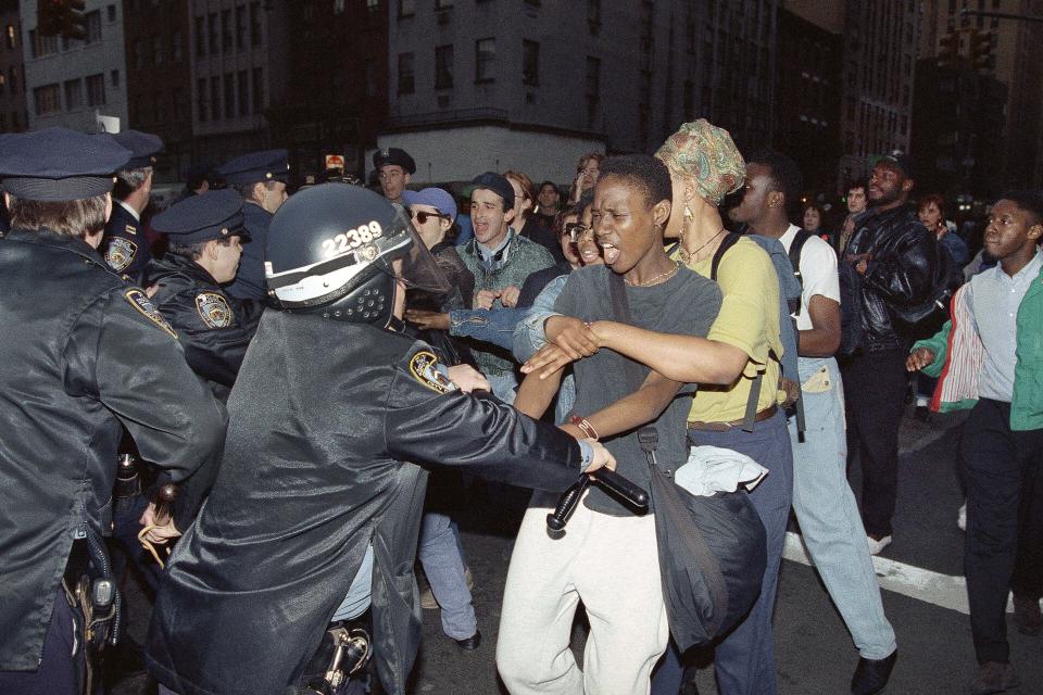 New York City police confront protesters on May 1, 1992, after a demonstration in reaction to the Rodney King verdict. (AP Photo/Alex Brandon)