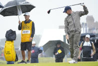 Northern Ireland's Rory McIlroy reacts to a bad shot off the 2nd tee during the final day of the British Open Golf Championships at the Royal Liverpool Golf Club in Hoylake, England, Sunday, July 23, 2023. (AP Photo/Jon Super)