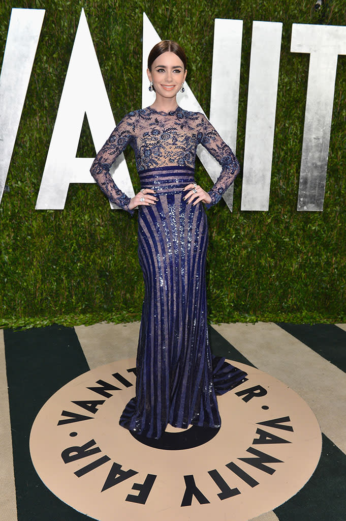 Lily Collins arrives at the 2013 Vanity Fair Oscar Party hosted by Graydon Carter at Sunset Tower on February 24, 2013 in West Hollywood, California.