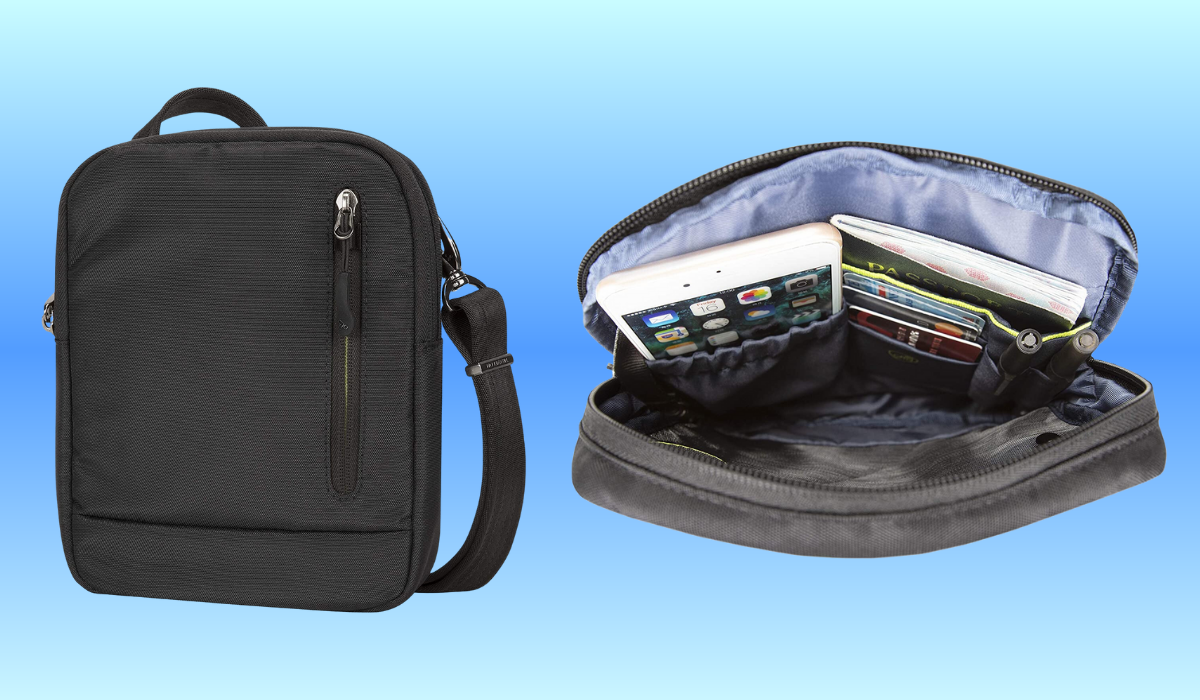 the black crossbody bag next to an image showing its interior pockets