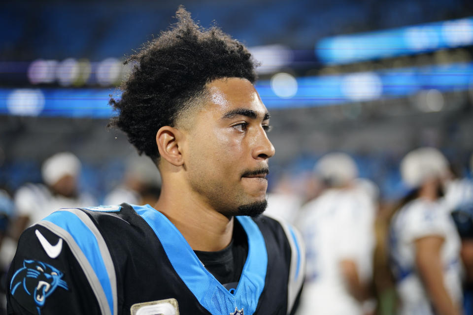 Carolina Panthers quarterback Bryce Young leaves the field after their loss against the Indianapolis Colts during the second half of an NFL football game Sunday, Nov. 5, 2023, in Charlotte, N.C. (AP Photo/Jacob Kupferman)