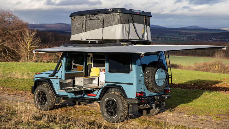 The Terracamper Tecrawl with its awning and kitchenette out