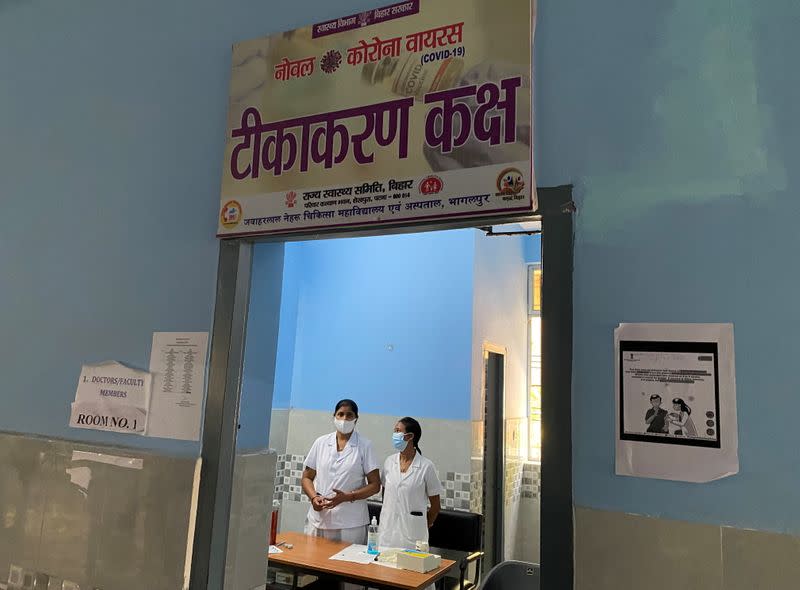 Nurses wait at a COVID-19 vaccination centre of the Jawaharlal Nehru Medical College and Hospital in Bhagalpur district in Bhagalpur district