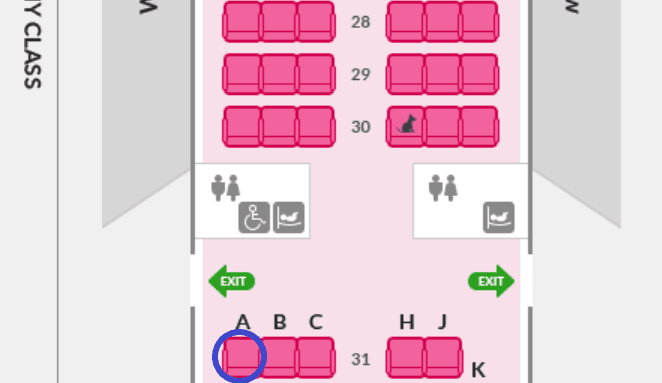 韓亞航空宣布即日起，停售A321-200客機載195人機型的31A座位（藍圈處）。（翻攝自韓亞航空官網）