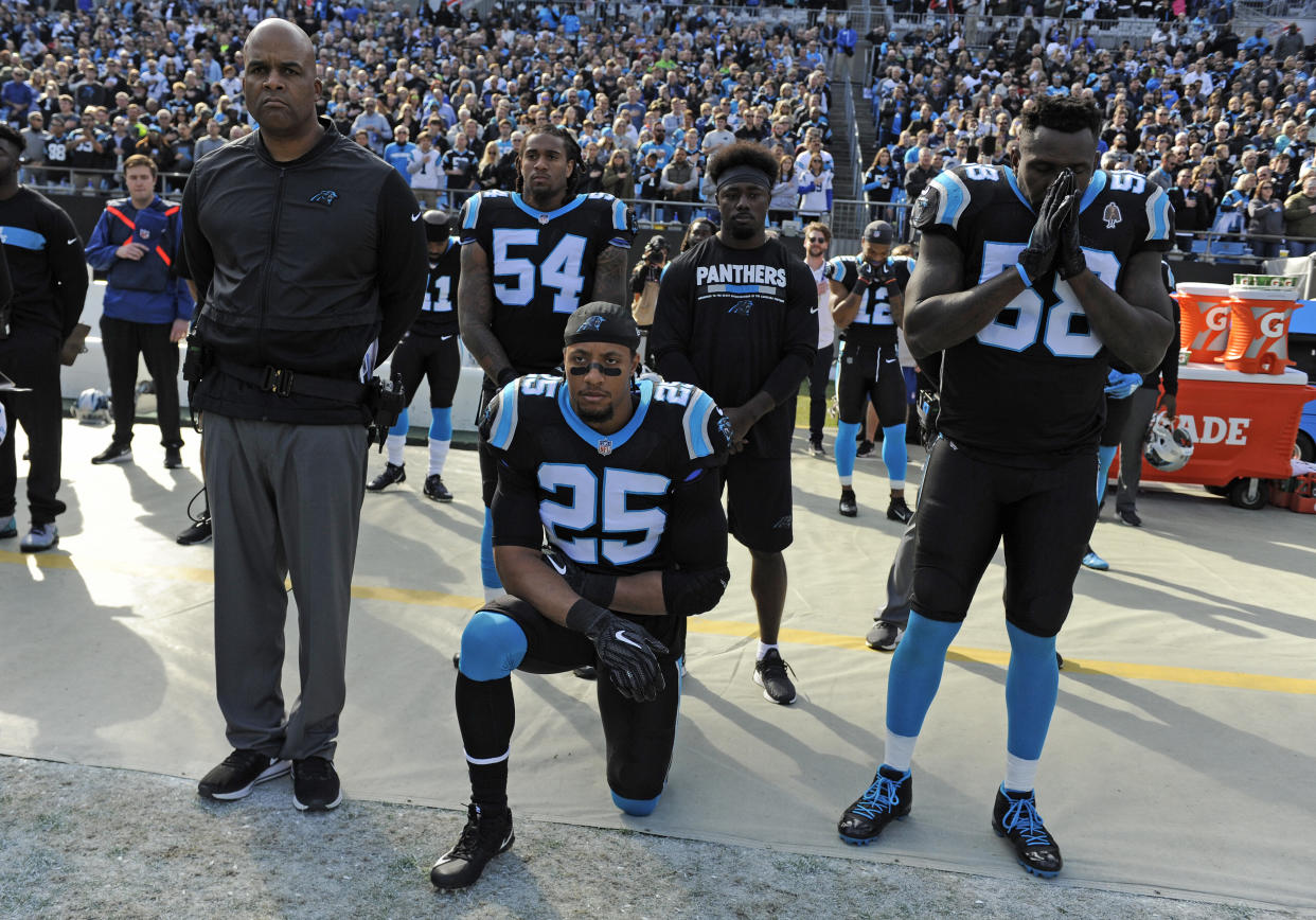 Carolina Panthers’ Eric Reid (25) kneels during the national anthem before an NFL football game against the Seattle Seahawks in Charlotte, N.C., Sunday, Nov. 25, 2018. (AP)