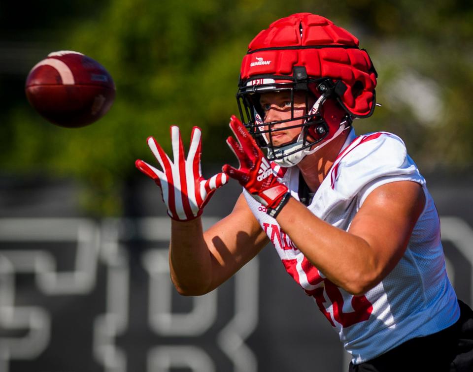 Indiana's James Bomba (48) looks to make the catch during fall football camp at Indiana University on Thursday, Aug. 11, 2022.