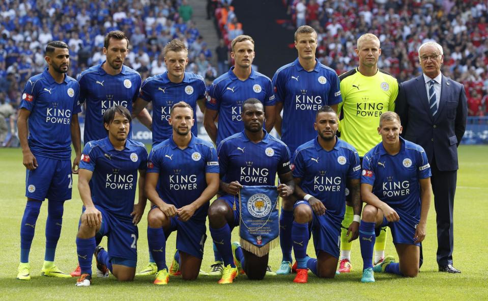 Football Soccer Britain - Leicester City v Manchester United - FA Community Shield - Wembley Stadium - 7/8/16 Leicester City team group Action Images via Reuters / John Sibley Livepic EDITORIAL USE ONLY. No use with unauthorized audio, video, data, fixture lists, club/league logos or "live" services. Online in-match use limited to 45 images, no video emulation. No use in betting, games or single club/league/player publications. Please contact your account representative for further details.