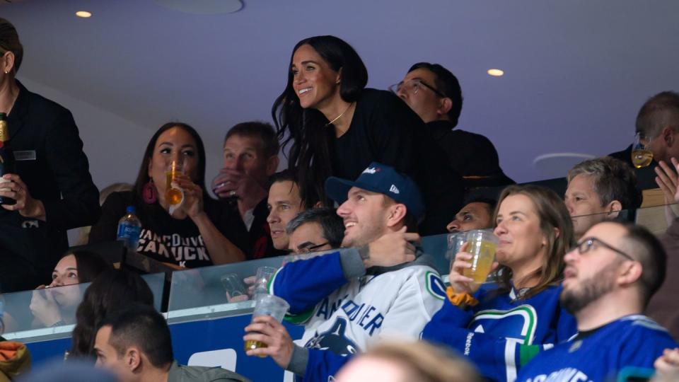 vancouver, canada november 20 meghan markle, the duchess of sussex, reacts during the nhl game between the vancouver canucks and san jose sharks at rogers arena on november 20, 2023 in vancouver, british columbia, canada photo by derek caingetty images
