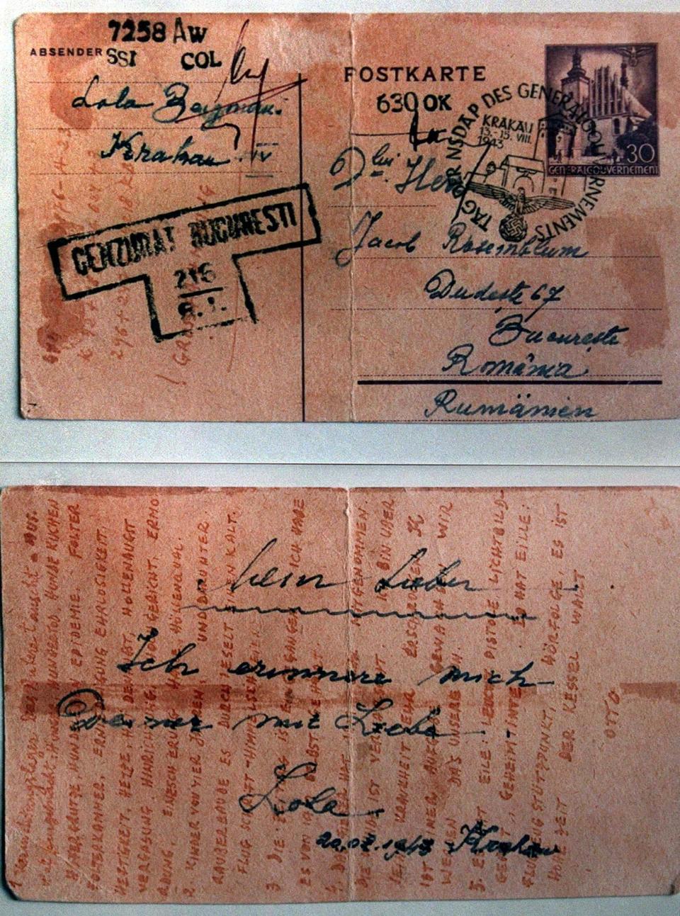 A reproduction of a postcard used to send an invisible letter about Auschwitz, the Nazi concentration camp.