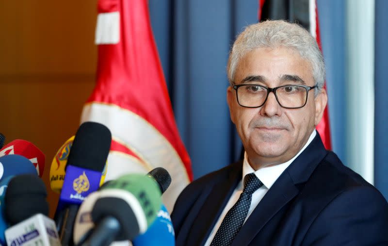 Libyan Interior Minister Fathi Bashagha speaks during a news conference in Tunis