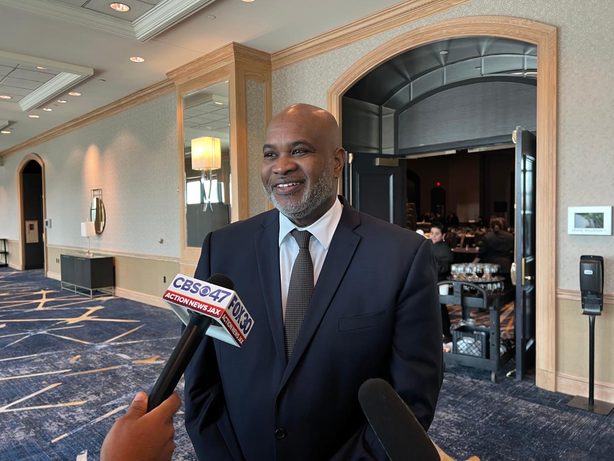 Jacksonville Port Authority Chief Executive Officer Eric Green spoke with reporters after the "State of the Port" event on Thursday, February 15, 2024.