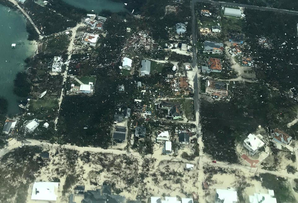 In this handout aerial photo provided by the HeadKnowles Foundation, damage is seen from Hurricane Dorian on Abaco Island on Sept. 3, 2019 in the Bahamas.&nbsp;