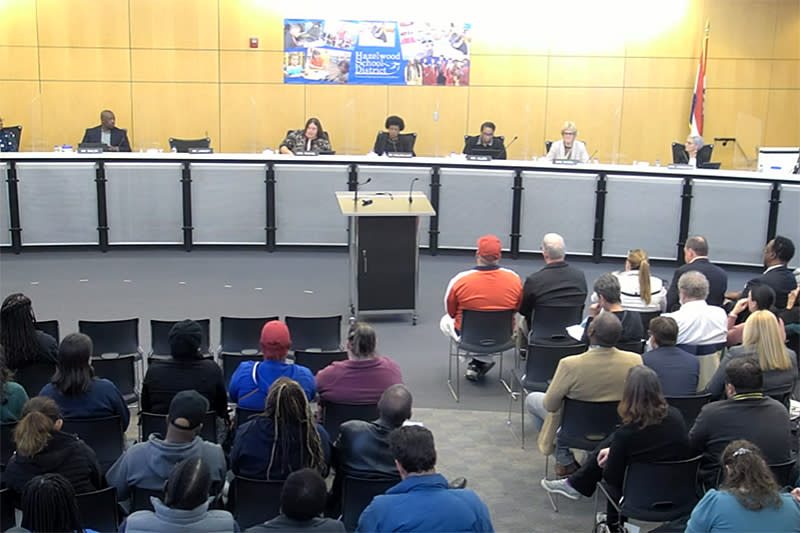 The Hazelwood School District board meets in Florissant, Mo., on Tuesday. (HSD Board of Education Meeting via YouTube)