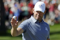 FILE - In this Oct. 2, 2016, file photo, Europe's Lee Westwood reacts after winning the first hole during a singles match at the Ryder Cup golf tournament at Hazeltine National Golf Club in Chaska, Minn. Westwood will tie a European record by playing in his 11th Ryder Cup at age 48. The pandemic-delayed 2020 Ryder Cup returns the United States next week at Whistling Straits along the Wisconsin shores of Lake Michigan. (AP Photo/Chris Carlson, File)