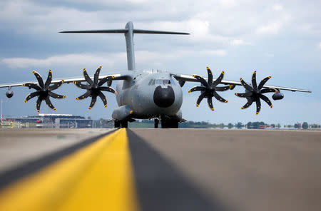 German Defense Minister Ursula von der Leyen and French Minister of the Armed Forces Florence Parly arrive in Airbus A-400 M to visit the ILA Air Show in Berlin, Germany, April 26, 2018. REUTERS/Axel Schmidt