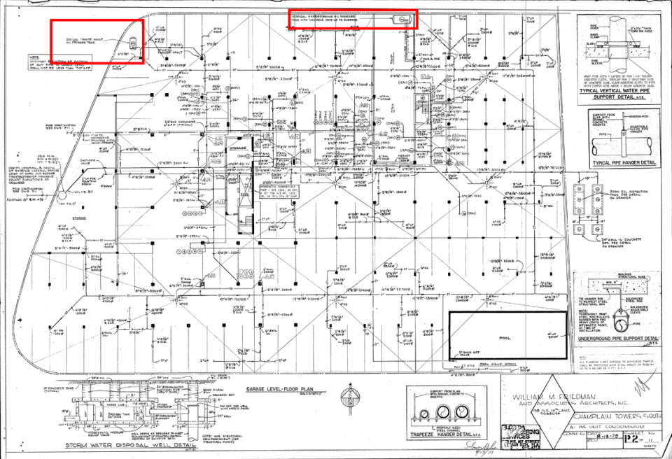 The location of fuel tanks in the basement-level garage as shown in the original building plans for Champlain Towers dated August 1979.