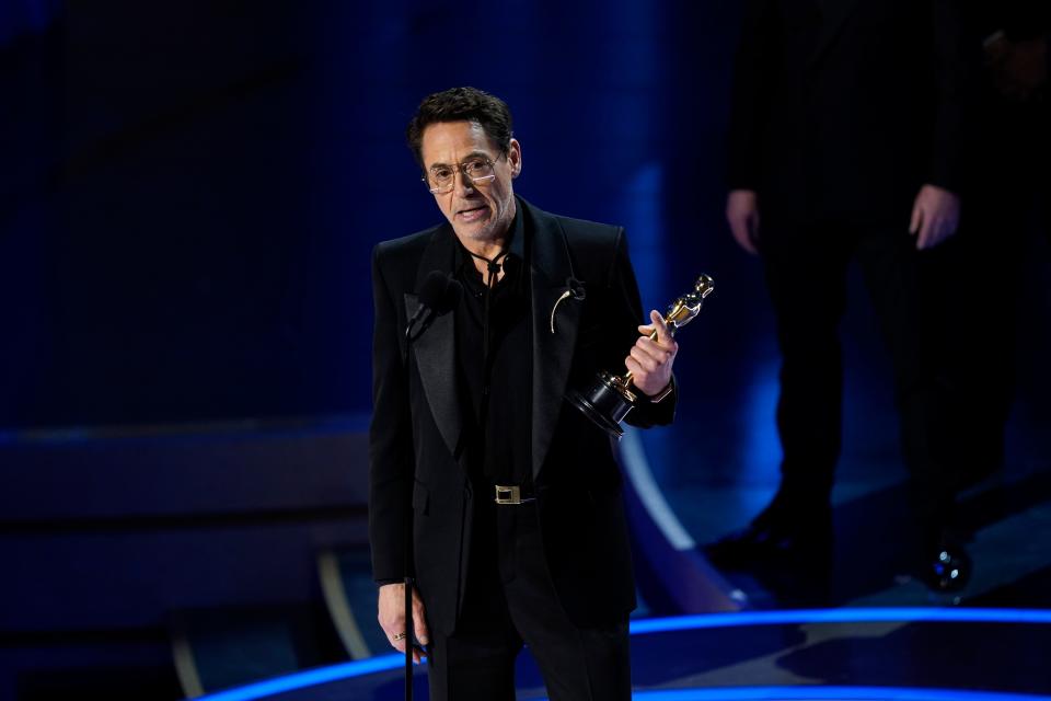 Robert Downey Jr. accepts the award for best actor in a supporting role for his role in "Oppenheimer" at the 2024 Oscars.