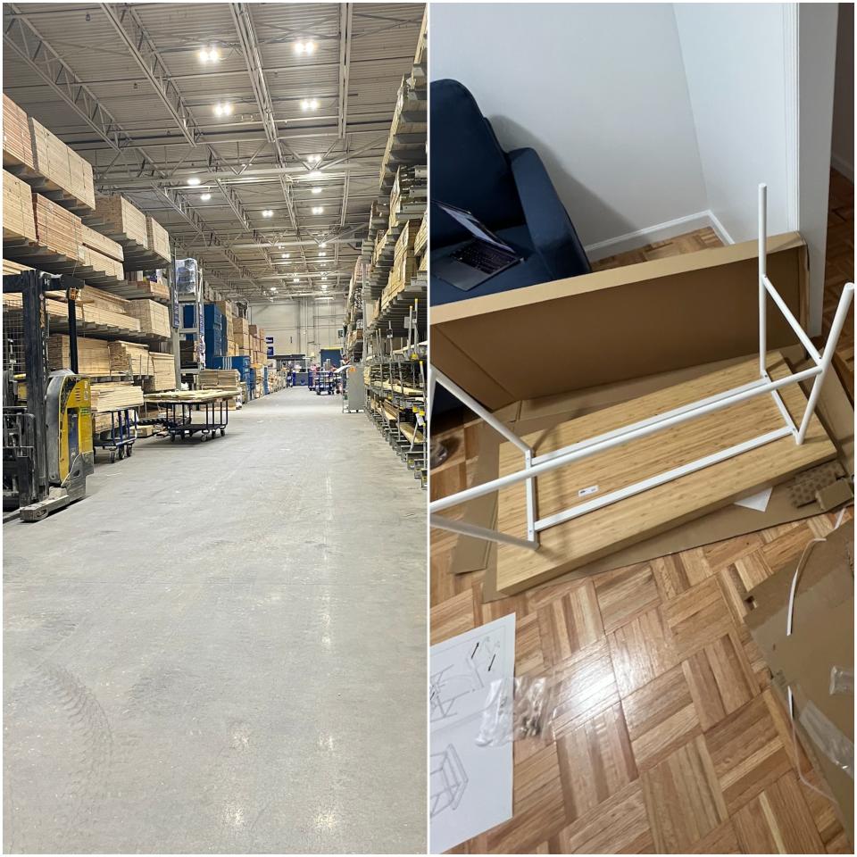 Split screen of an empty aisle at Lowe's and Pauline's unbuilt desk lying on the floor.