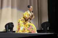Tracee Ellis Ross introduces Michelle Obama at the "Becoming: An Intimate Conversation with Michelle Obama" event at the Forum on Thursday, Nov. 15, 2018, in Inglewood, Calif. (Photo by Willy Sanjuan/Invision/AP)