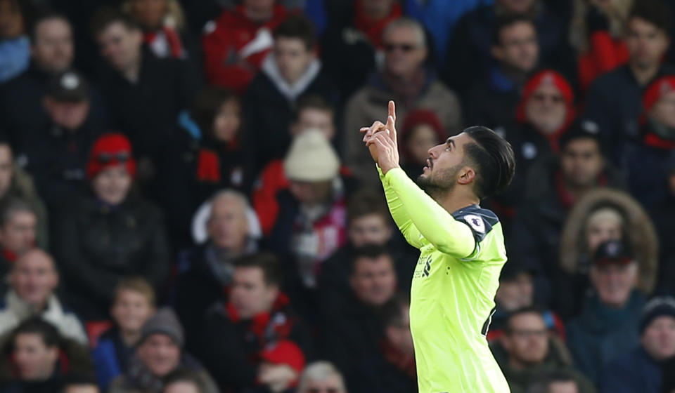 Britain Football Soccer - AFC Bournemouth v Liverpool - Premier League - Vitality Stadium - 4/12/16 Liverpool's Emre Can celebrates scoring their third goal Action Images via Reuters / Paul Childs Livepic EDITORIAL USE ONLY. No use with unauthorized audio, video, data, fixture lists, club/league logos or "live" services. Online in-match use limited to 45 images, no video emulation. No use in betting, games or single club/league/player publications. Please contact your account representative for further details.