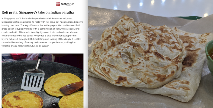 A composite image of a website with a Roti Canai/Prata.