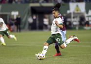 Portland Timbers midfielder Sebastian Blanco (10) winds up for a shot on goal during an MLS soccer match against the Colorado Rapids, Wednesday, Sept. 15, 2021 in Portland, Ore. (Sean Meagher/The Oregonian via AP)