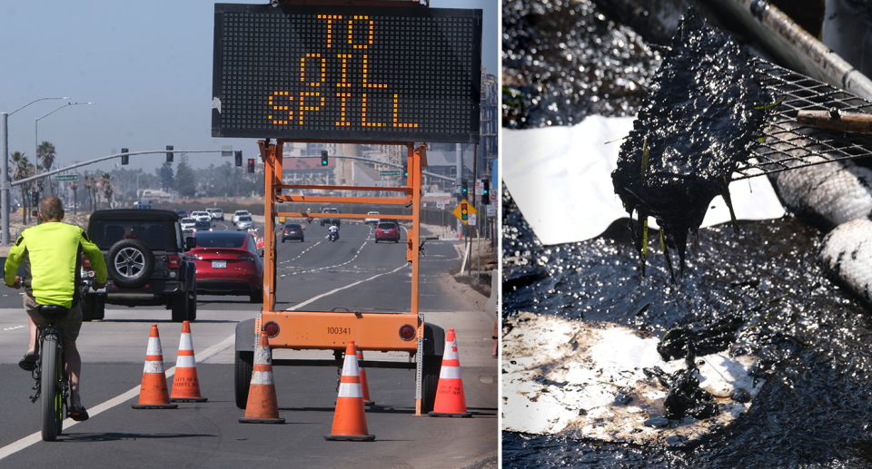 Left - A road in California with a sign reading 'to oil spill'. Right - Close up of the oil spill.