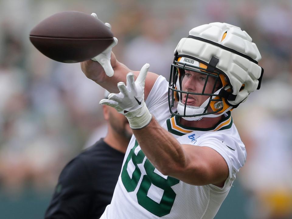 Green Bay Packers tight end Luke Musgrave (88) during the first day of practice of the Green Bay Packers' 2023 training camp on Wednesday, July 26, 2023 at Ray NitschkeField in Green Bay, Wis.