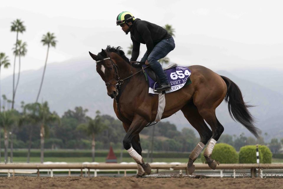 Cody's Wish trains ahead of the Breeders' Cup horse race at Santa Anita Park in Arcadia, Calif., Friday, Oct. 27, 2023. Post positions are drawn and odds are set for the 14 races in the 40th edition of the Breeders' Cup this week at Santa Anita. (AP Photo/Jae C. Hong)