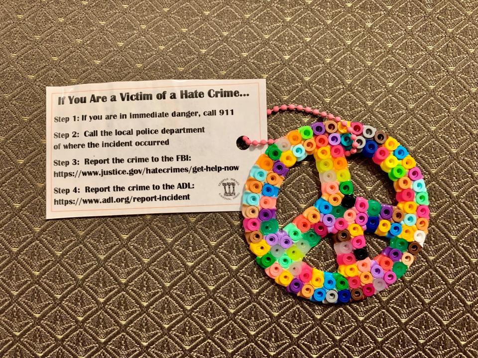 Temple Israel is launching an iniaitive called Peace for Packs where students are given these tags to attach to their backpacks. The tags includes the steps for them to take if they have been a victim of a hate crime.