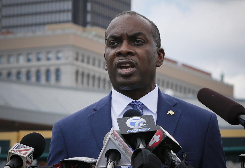 This Friday July 24, 2020 file photo shows Buffalo Mayor Byron Brown during a press conference in Buffalo N.Y. (AP Photo/Jeffrey T. Barnes, File)