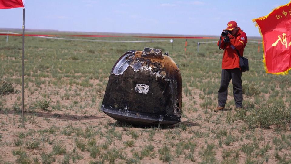 PHOTO: Officials prepare to recover the landing module of the Chang'e-6 moon probe after it landed in Inner Mongolia, in northern China on June 25, 2024.  (-/AFP via Getty Images)