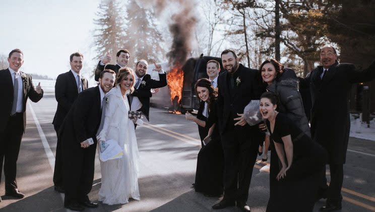 The bridal party had a great attitude about the accident. (Photo: <a href="https://www.facebook.com/MHlifestylephotography/" rel="nofollow noopener" target="_blank" data-ylk="slk:McKaila Hanna Lifestyle Photography;elm:context_link;itc:0;sec:content-canvas" class="link ">McKaila Hanna Lifestyle Photography</a>)
