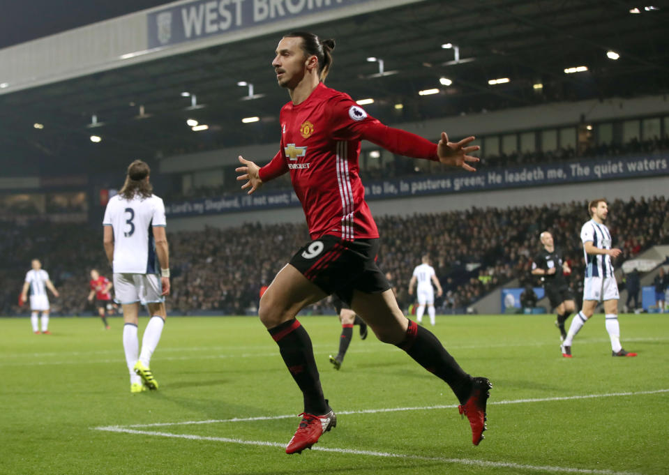 Manchester United's Zlatan Ibrahimovic celebrates scoring his side's first goal of the game, during the English Premier League soccer match between West Bromwich Albion and Manchester United, at The Hawthorns, in West Bromwich, England, Saturday Dec. 17, 2016. (Nick Potts/PA via AP)