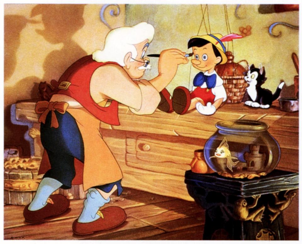 Pinocchio, lobbycard, from left: Gepetto, , Figaro, lower right: Cleo, 1940. (Photo by LMPC via Getty Images)