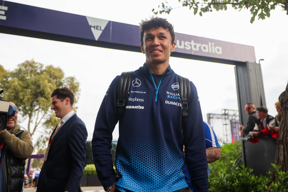 MELBOURNE, AUSTRALIA - MARCH 24: Alex Albon of Thailand and Williams F1 arrives in the paddock during the F1 Grand Prix of Australia at Albert Park Circuit on March 24, 2024 in Melbourne, Australia. (Photo by Kym Illman/Getty Images)