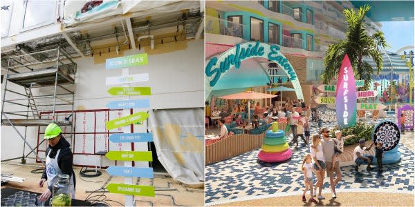 A collage of Royal Caribbean's Icon of the Seas's Surfside eateries and Royal Caribbean’s rendering of the space.