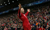 <p>Soccer Football – Champions League Quarter Final First Leg – Liverpool vs Manchester City – Anfield, Liverpool, Britain – April 4, 2018 Liverpool’s Alex Oxlade-Chamberlain celebrates scoring their second goal REUTERS/Andrew Yates </p>