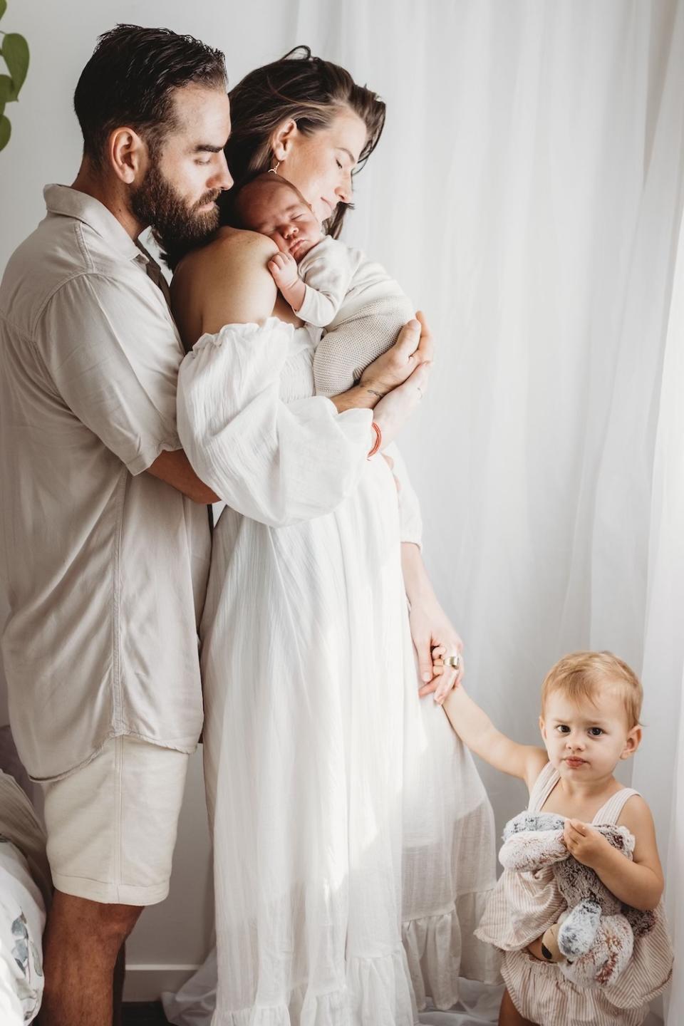 Shannon Laverty with her husband, Kent Ashcroft and their two children, Harper, 1, and newborn Shep. Photo: Mel Dixon Photography (supplied).