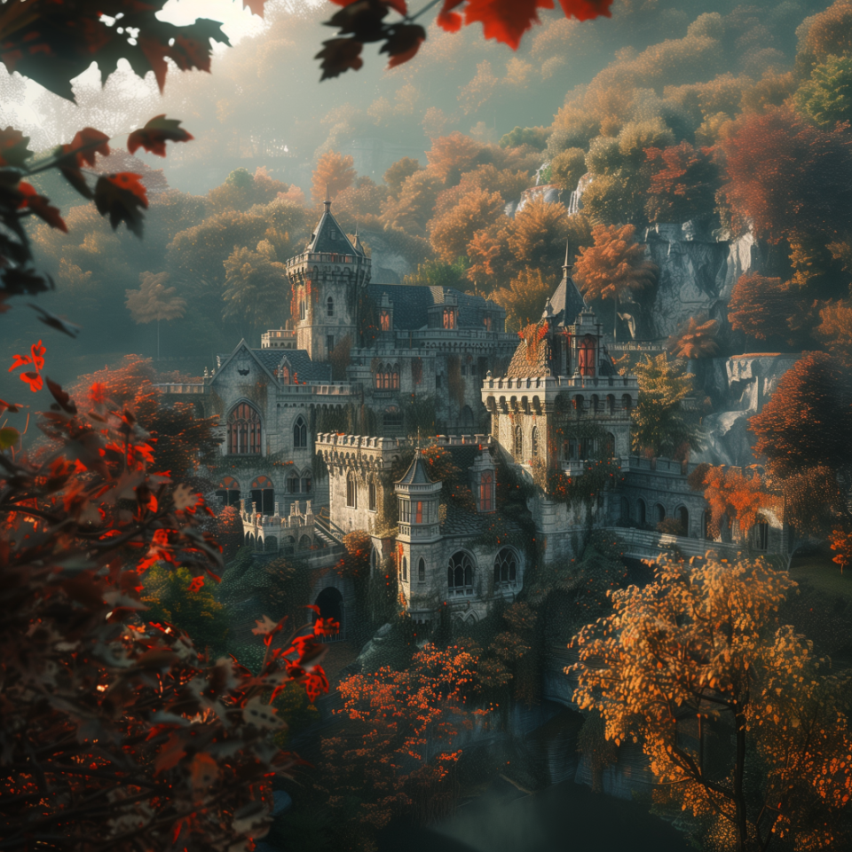 Majestic castle nestled among autumnal trees, suggestive of a fantasy setting, often seen in literature