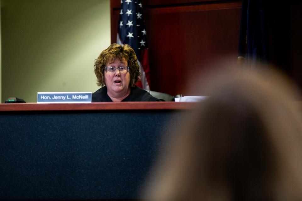 Judge Jenny McNeill speaks to Sarah Riley-Howard on Friday, March 31, 2023, at the Michigan 14th Circuit Court in Muskegon.