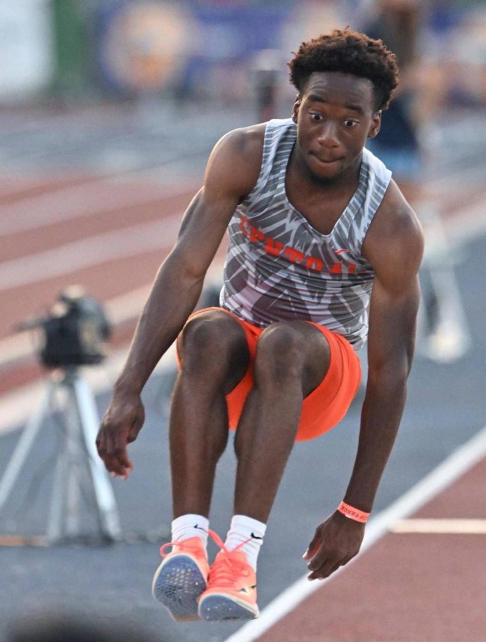 Central’s Samuel Agbakoba leaps in the Boys Triple Jump at the 2023 CIF California Track & Field State Championship qualifiers Friday, May 26, 2023 in Clovis.